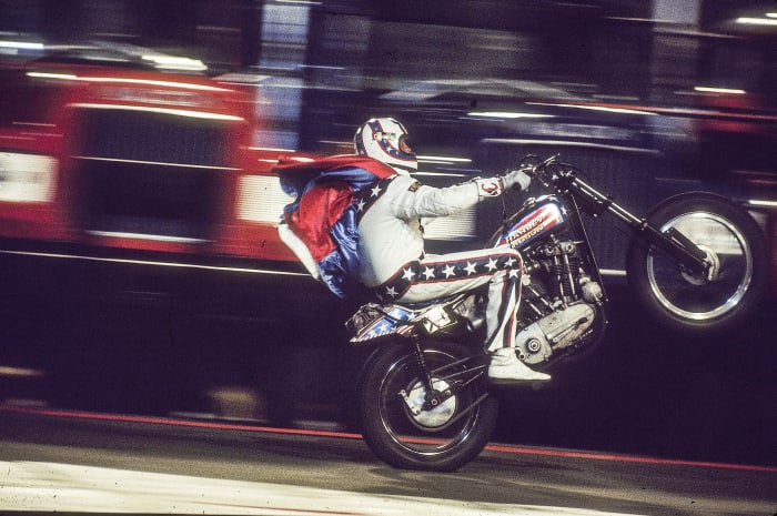 Knievel in 1974, revving his Harley and ramping up Christmas-toy sales.